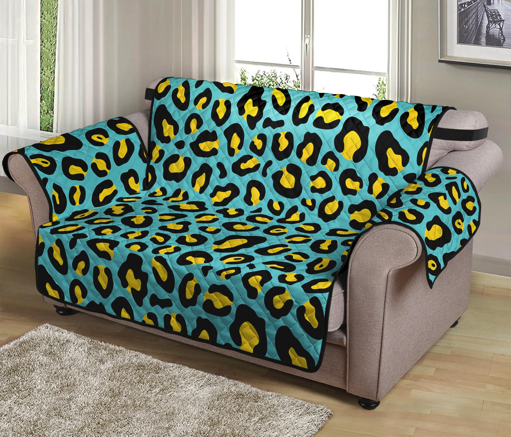 Teal And Yellow Leopard Pattern Print Loveseat Protector