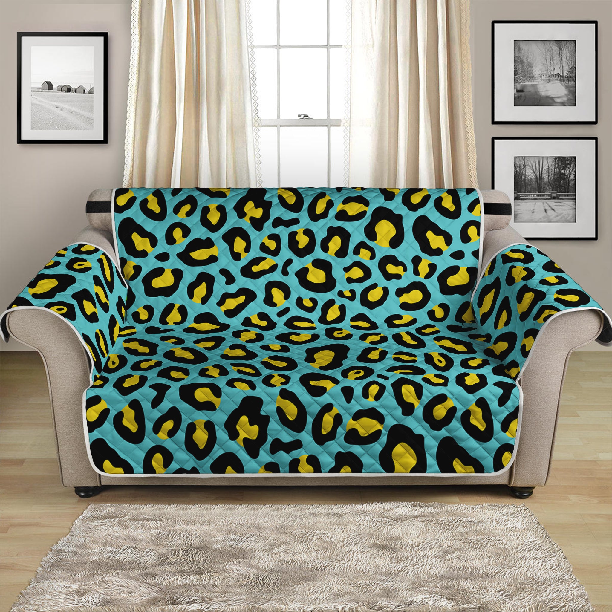 Teal And Yellow Leopard Pattern Print Loveseat Protector