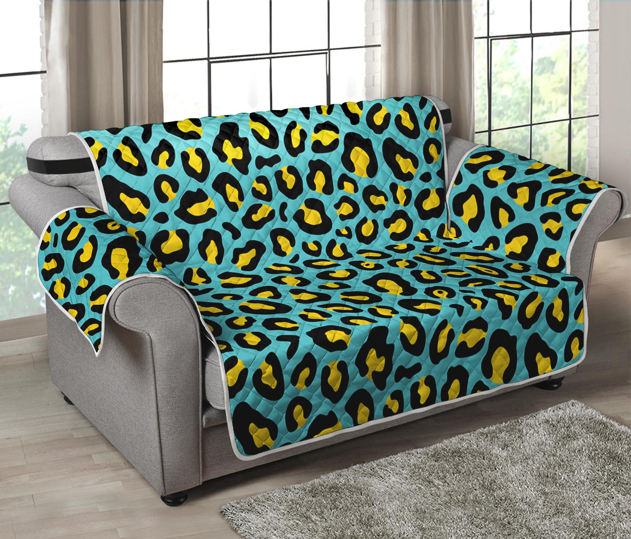 Teal And Yellow Leopard Pattern Print Loveseat Protector