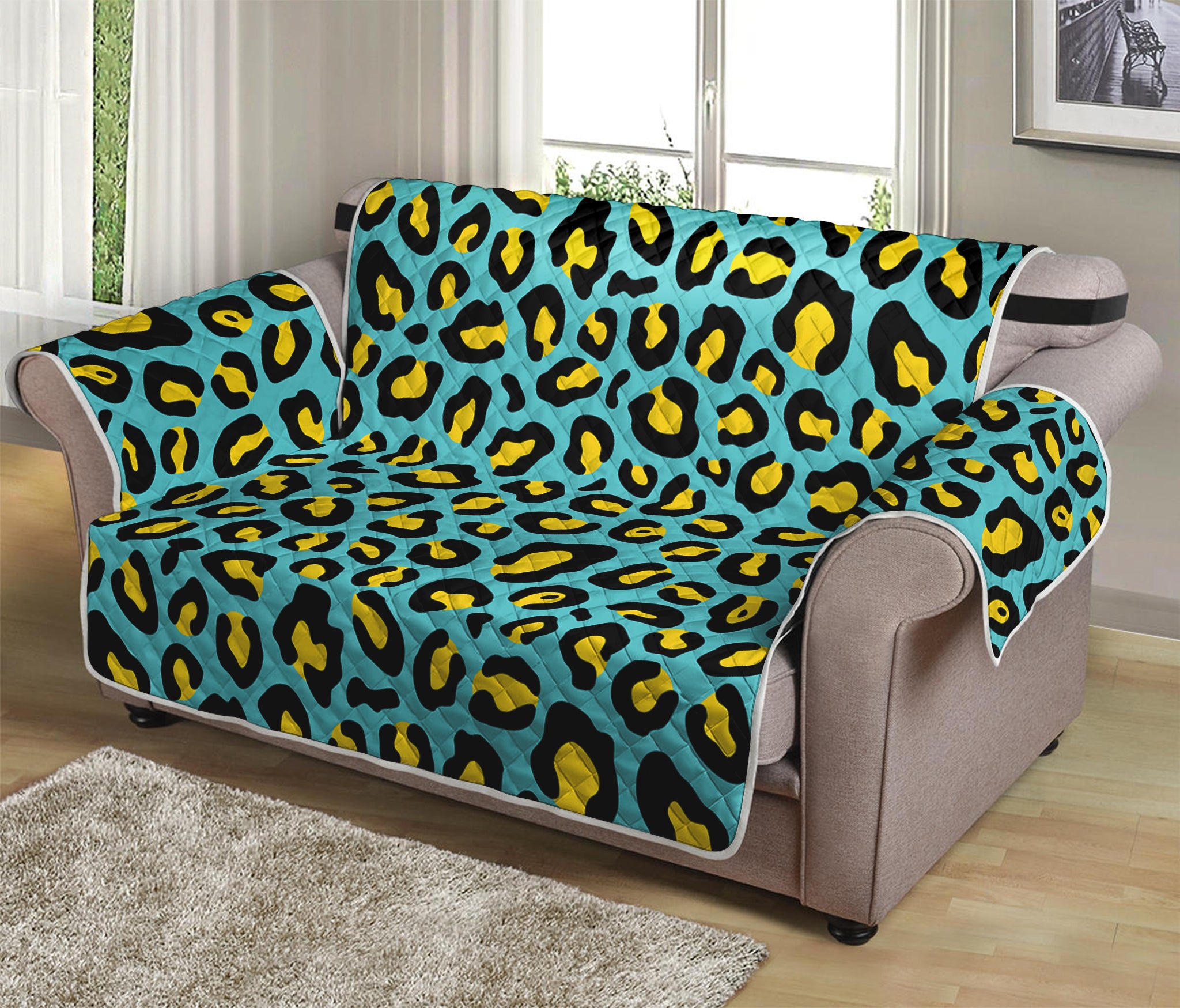 Teal And Yellow Leopard Pattern Print Loveseat Protector