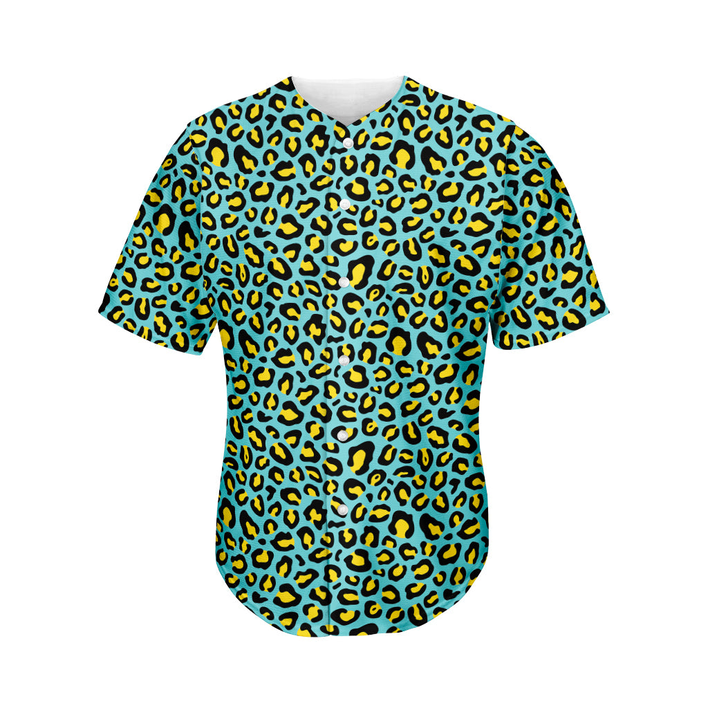 Teal And Yellow Leopard Pattern Print Men's Baseball Jersey