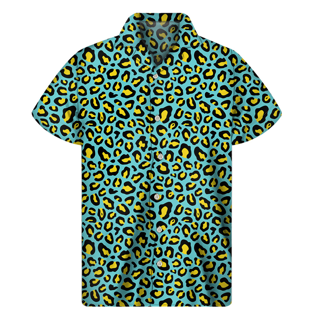 Teal And Yellow Leopard Pattern Print Men's Short Sleeve Shirt