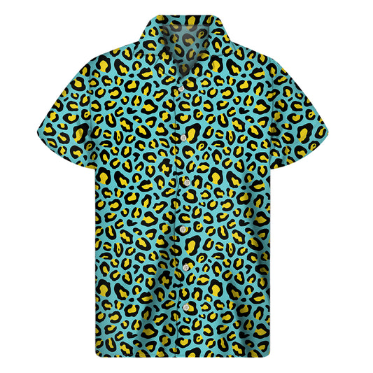 Teal And Yellow Leopard Pattern Print Men's Short Sleeve Shirt