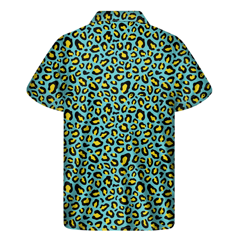 Teal And Yellow Leopard Pattern Print Men's Short Sleeve Shirt