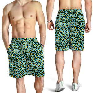 Teal And Yellow Leopard Pattern Print Men's Shorts