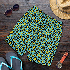 Teal And Yellow Leopard Pattern Print Men's Shorts