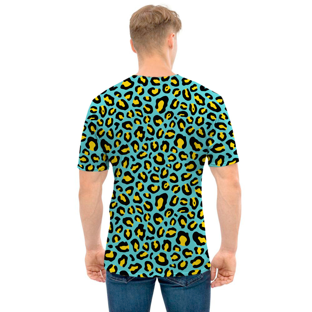 Teal And Yellow Leopard Pattern Print Men's T-Shirt
