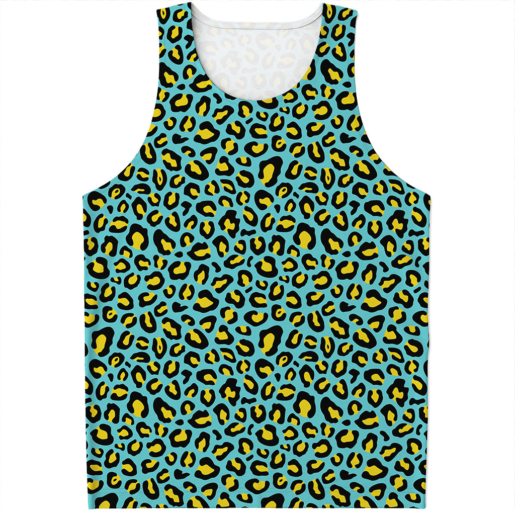 Teal And Yellow Leopard Pattern Print Men's Tank Top