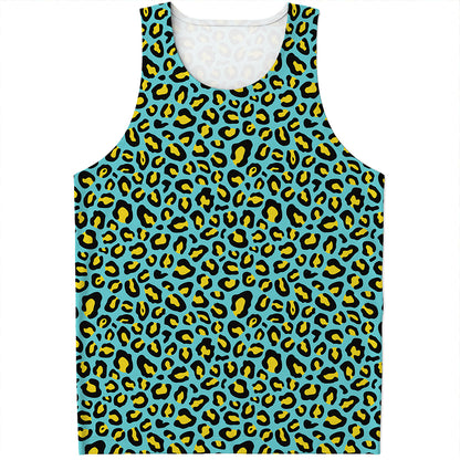 Teal And Yellow Leopard Pattern Print Men's Tank Top
