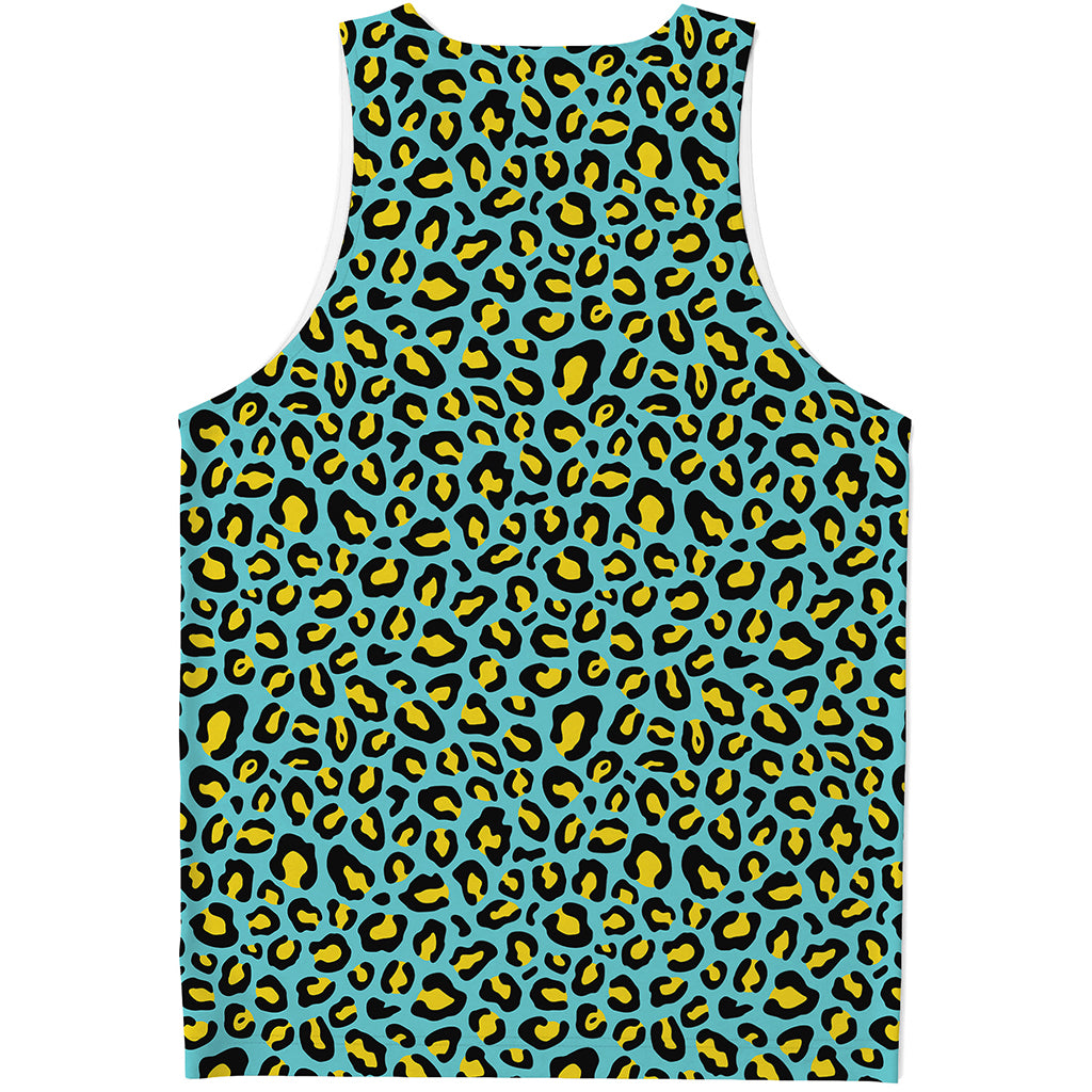 Teal And Yellow Leopard Pattern Print Men's Tank Top