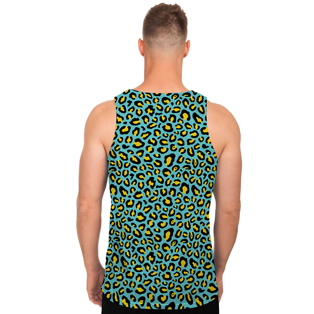 Teal And Yellow Leopard Pattern Print Men's Tank Top