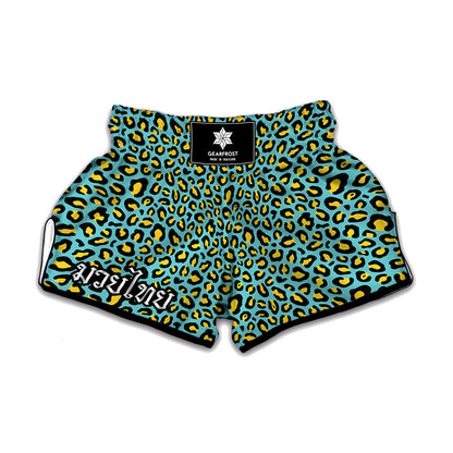 Teal And Yellow Leopard Pattern Print Muay Thai Boxing Shorts