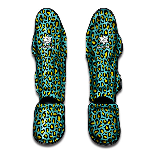 Teal And Yellow Leopard Pattern Print Muay Thai Shin Guard