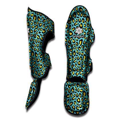 Teal And Yellow Leopard Pattern Print Muay Thai Shin Guard