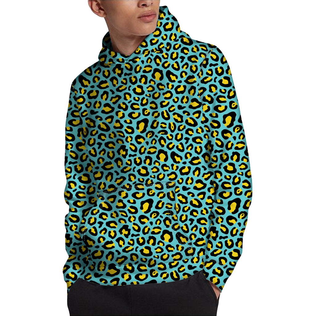 Teal And Yellow Leopard Pattern Print Pullover Hoodie