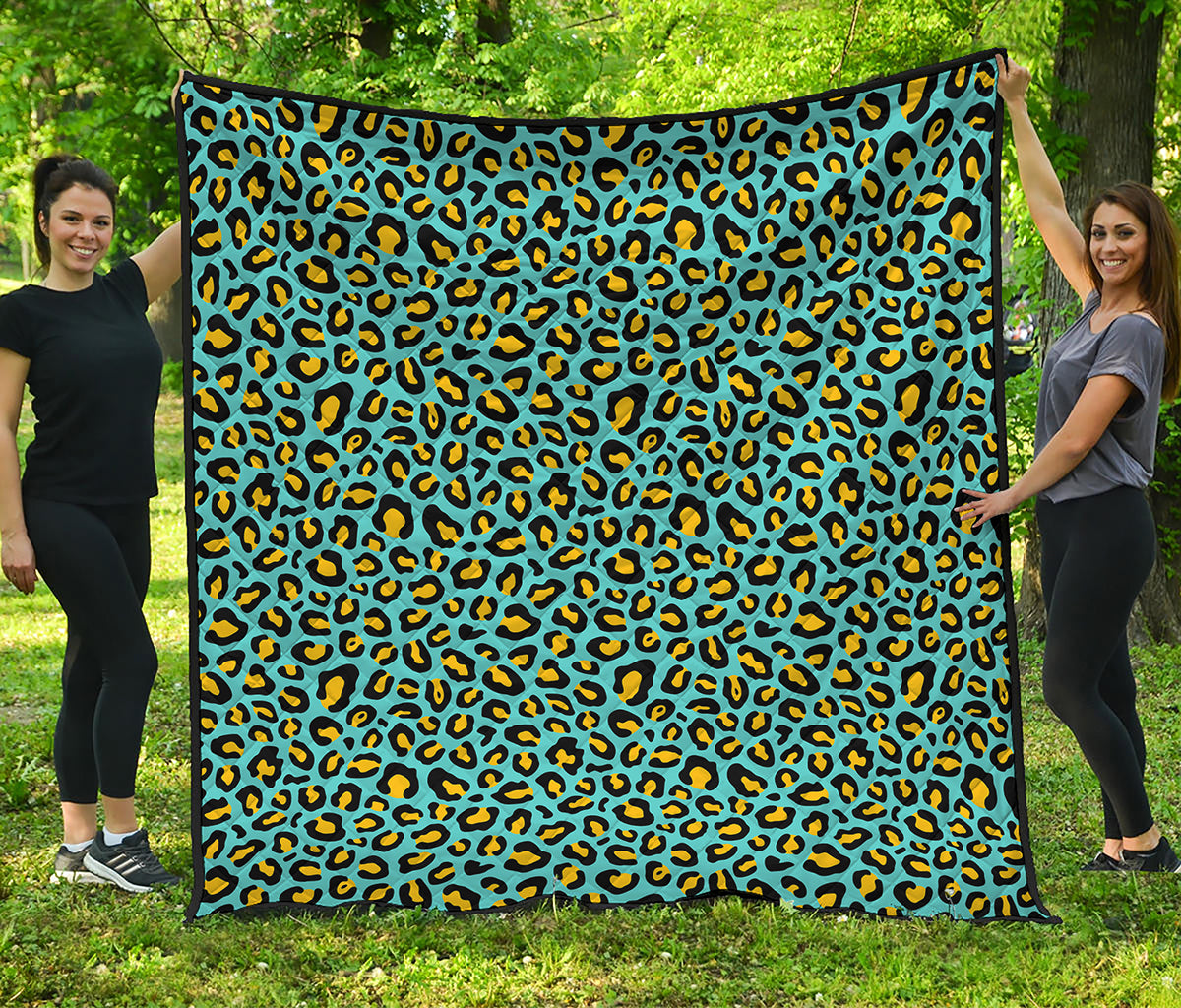 Teal And Yellow Leopard Pattern Print Quilt