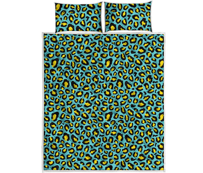 Teal And Yellow Leopard Pattern Print Quilt Bed Set