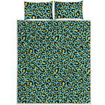 Teal And Yellow Leopard Pattern Print Quilt Bed Set