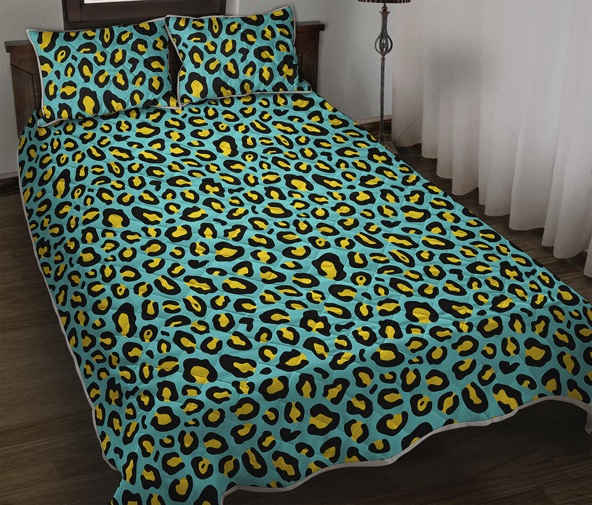 Teal And Yellow Leopard Pattern Print Quilt Bed Set