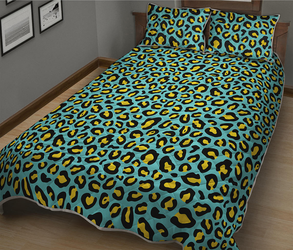 Teal And Yellow Leopard Pattern Print Quilt Bed Set