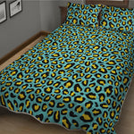 Teal And Yellow Leopard Pattern Print Quilt Bed Set