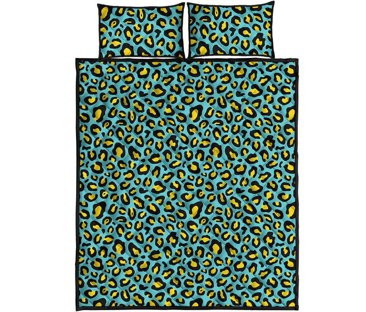 Teal And Yellow Leopard Pattern Print Quilt Bed Set