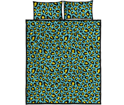 Teal And Yellow Leopard Pattern Print Quilt Bed Set