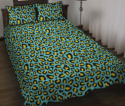 Teal And Yellow Leopard Pattern Print Quilt Bed Set