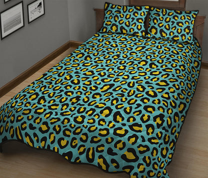 Teal And Yellow Leopard Pattern Print Quilt Bed Set