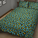 Teal And Yellow Leopard Pattern Print Quilt Bed Set