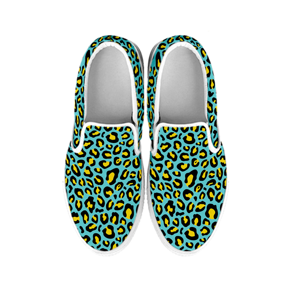 Teal And Yellow Leopard Pattern Print White Slip On Shoes