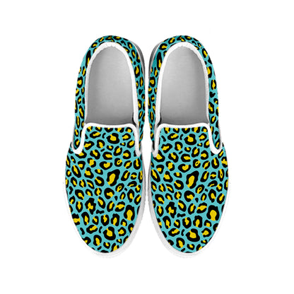 Teal And Yellow Leopard Pattern Print White Slip On Shoes