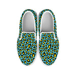 Teal And Yellow Leopard Pattern Print White Slip On Shoes