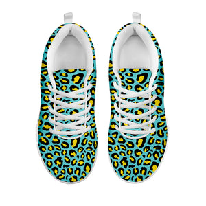 Teal And Yellow Leopard Pattern Print White Sneakers