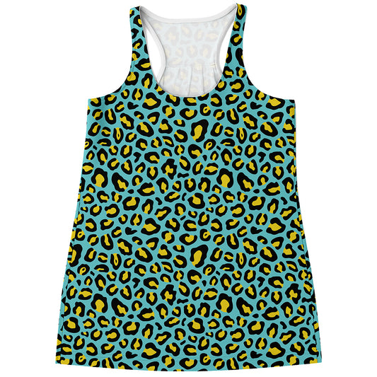Teal And Yellow Leopard Pattern Print Women's Racerback Tank Top