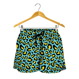 Teal And Yellow Leopard Pattern Print Women's Shorts