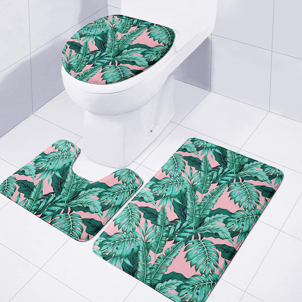 Teal Banana Leaves Pattern Print 3 Piece Bath Mat Set