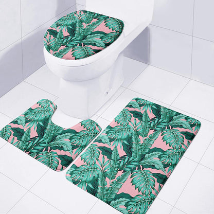 Teal Banana Leaves Pattern Print 3 Piece Bath Mat Set