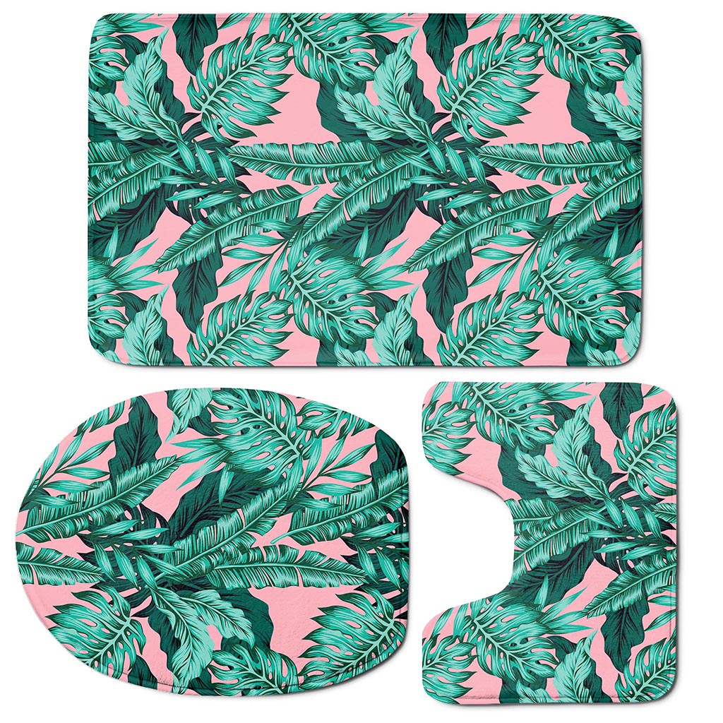 Teal Banana Leaves Pattern Print 3 Piece Bath Mat Set