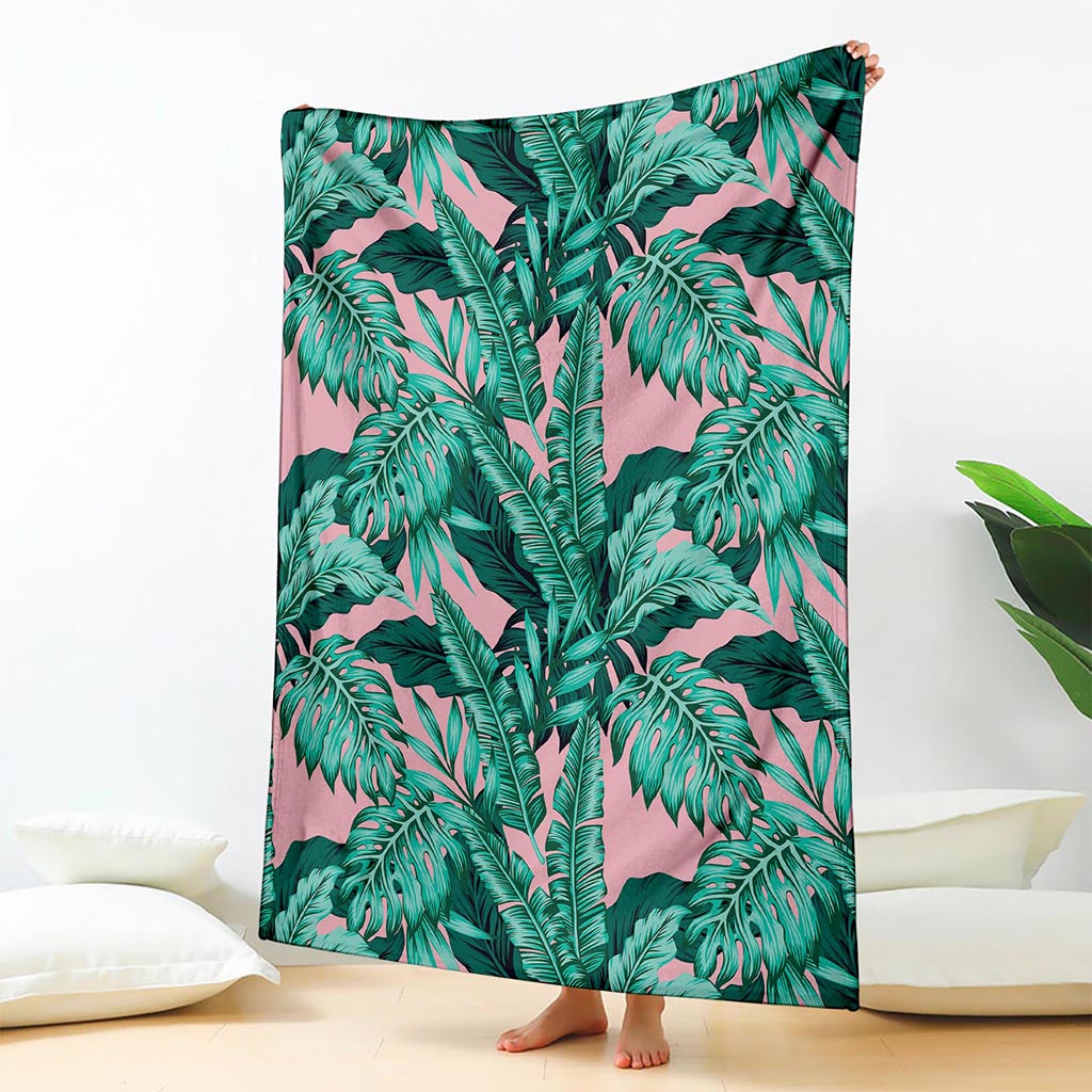 Teal Banana Leaves Pattern Print Blanket