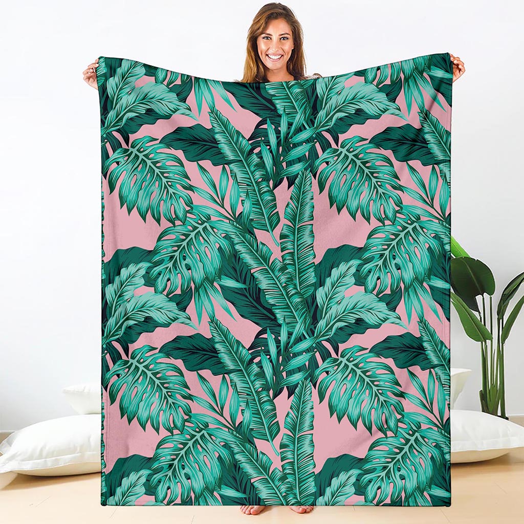 Teal Banana Leaves Pattern Print Blanket