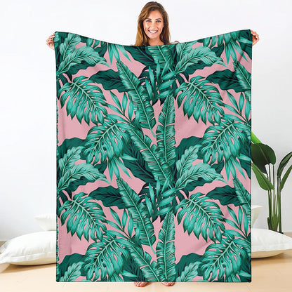 Teal Banana Leaves Pattern Print Blanket