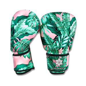 Teal Banana Leaves Pattern Print Boxing Gloves