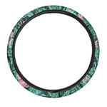 Teal Banana Leaves Pattern Print Car Steering Wheel Cover