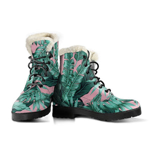 Teal Banana Leaves Pattern Print Comfy Boots GearFrost