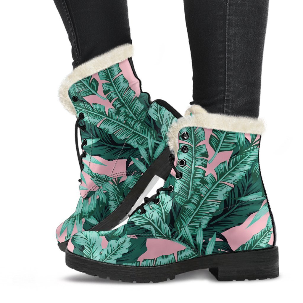 Teal Banana Leaves Pattern Print Comfy Boots GearFrost