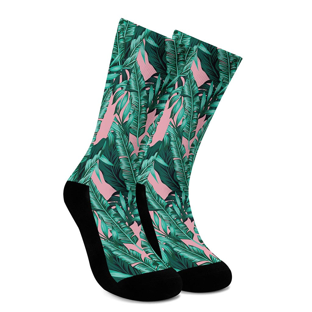 Teal Banana Leaves Pattern Print Crew Socks