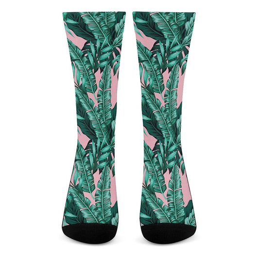 Teal Banana Leaves Pattern Print Crew Socks