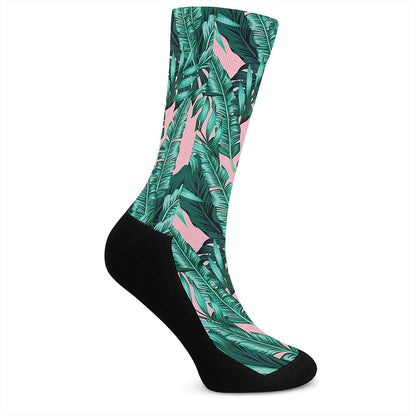 Teal Banana Leaves Pattern Print Crew Socks