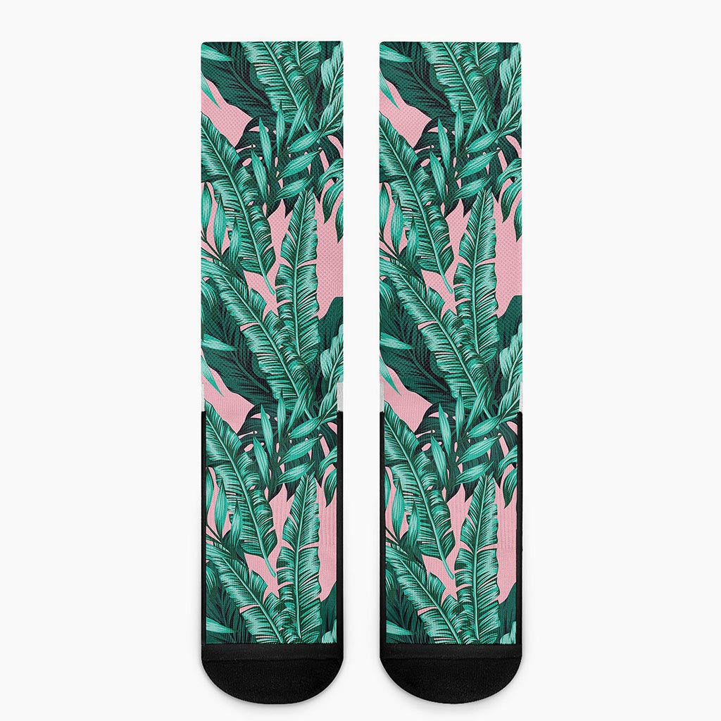 Teal Banana Leaves Pattern Print Crew Socks